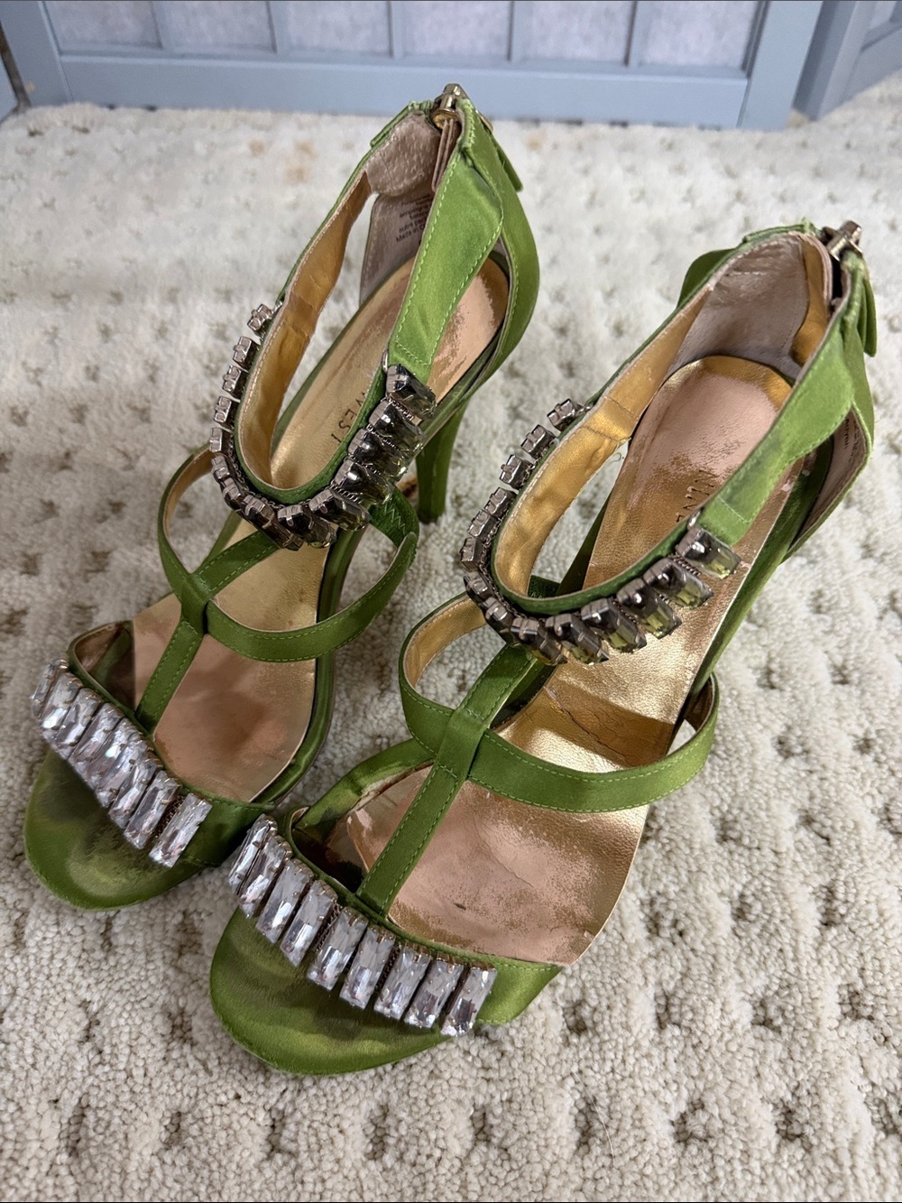 Nine West Green Crystal-Embellished Strappy High Heels, Size 6